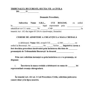 Cerere de Inscriere la Masa Credala