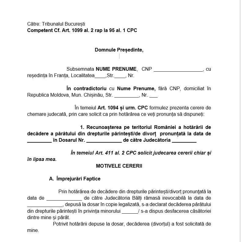 Cerere recunoastere hotarare  pronunțată în Republica Moldova
