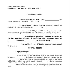 Cerere Recunoaștere Hotarare pr. în Republica Moldova