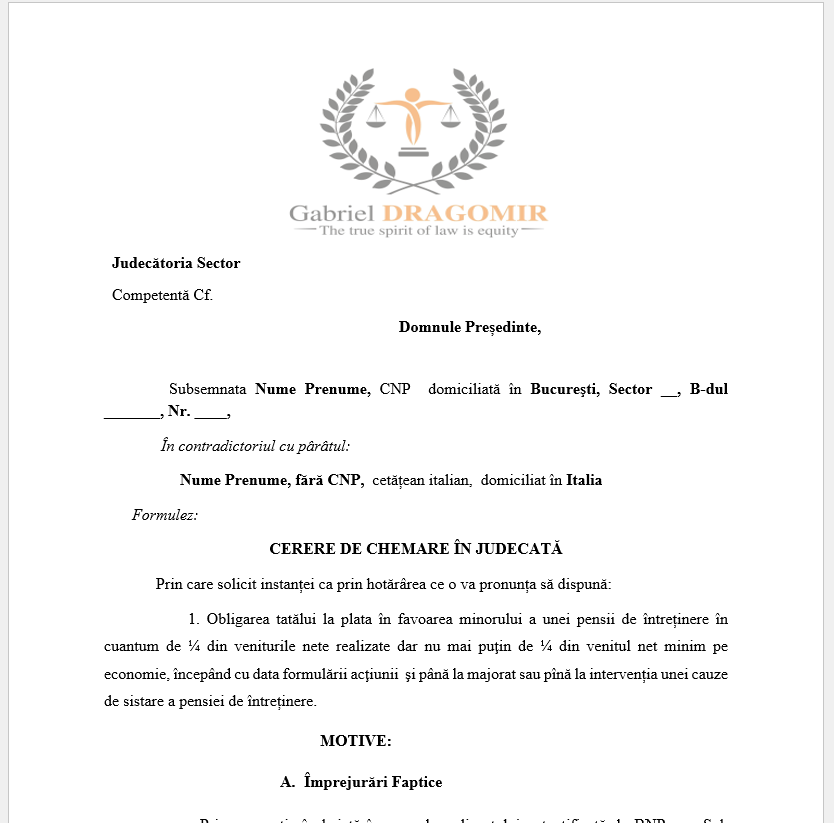 Model - Cerere micșorare pensie întreținere